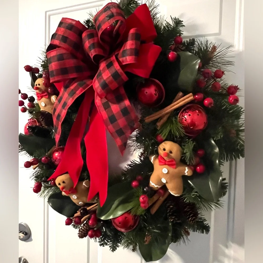 New Hand Crafted Winter Wreath Holiday Gingerbread Cinnamon Jingle Bells Large